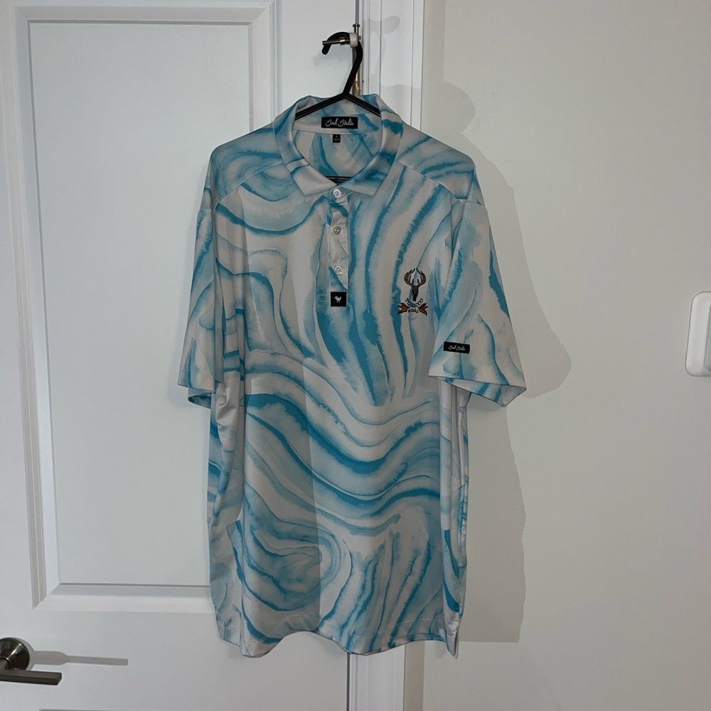 Blue Green Swirl Bad Birdie Swept Tobacco Road Pinehurst Area Golf polo shirt L - Picture 6 of 7